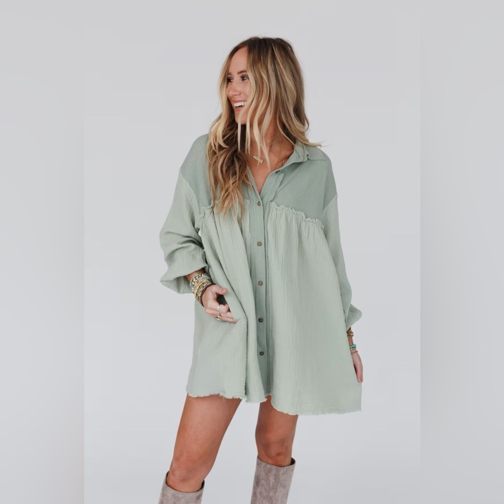 Three Bird Nest Long Sleeve Sage Green Button-Up Dress - Picture 6 of 9
